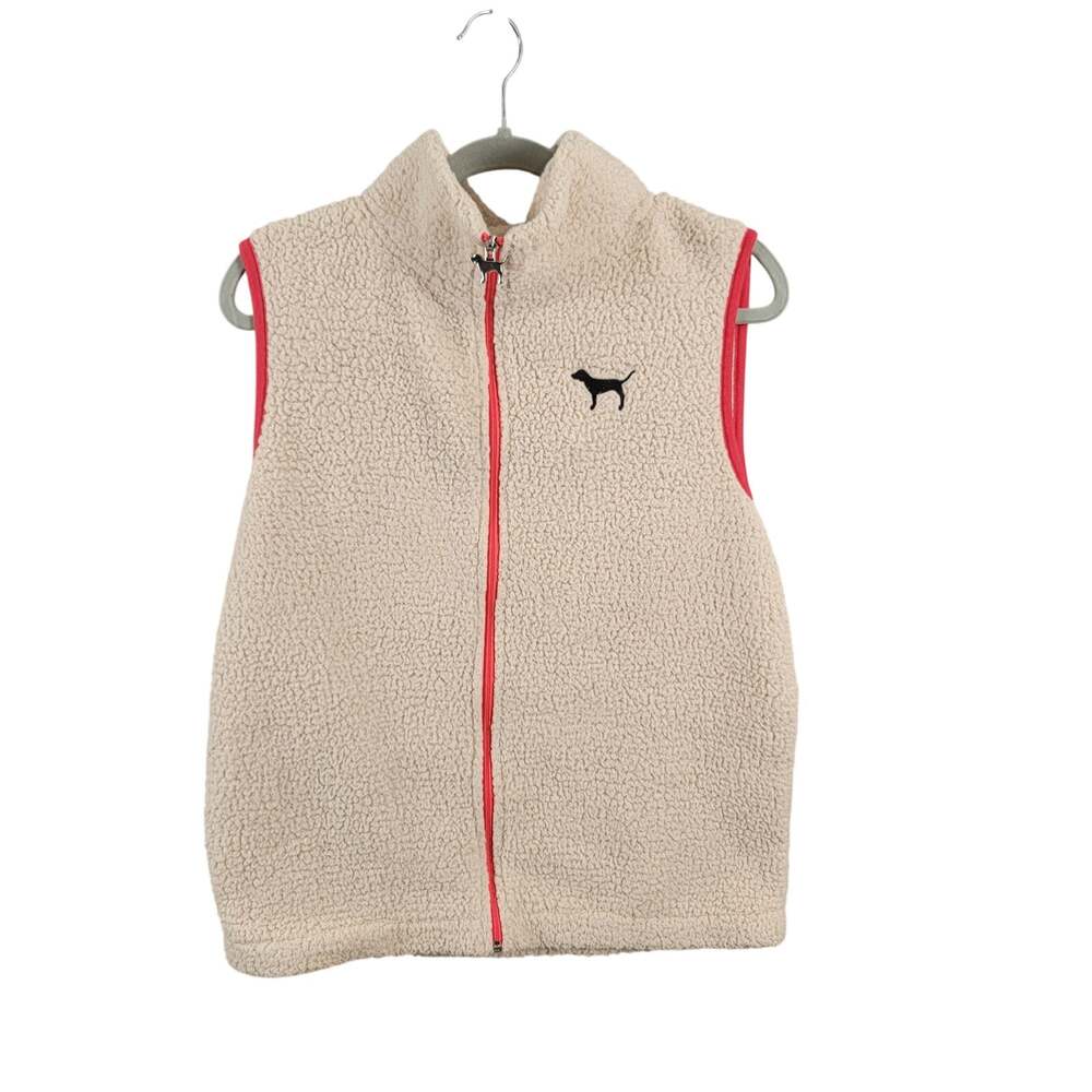 Victoria's Secret PINK Womens Sherpa Fleece Zip Vest Medium Cream Pink Dog Logo